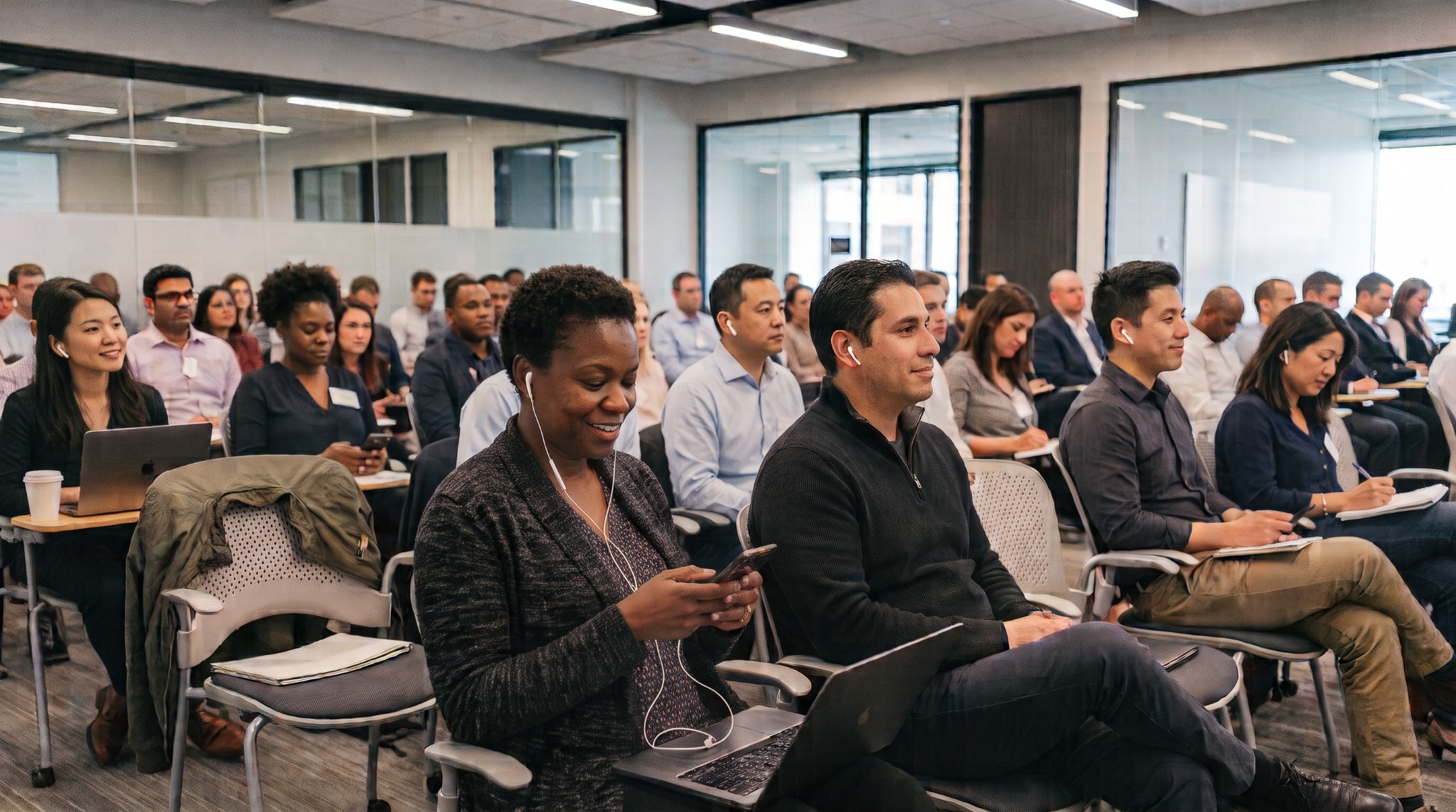 Business attendees listening to a presentation with smartphones and earbuds
